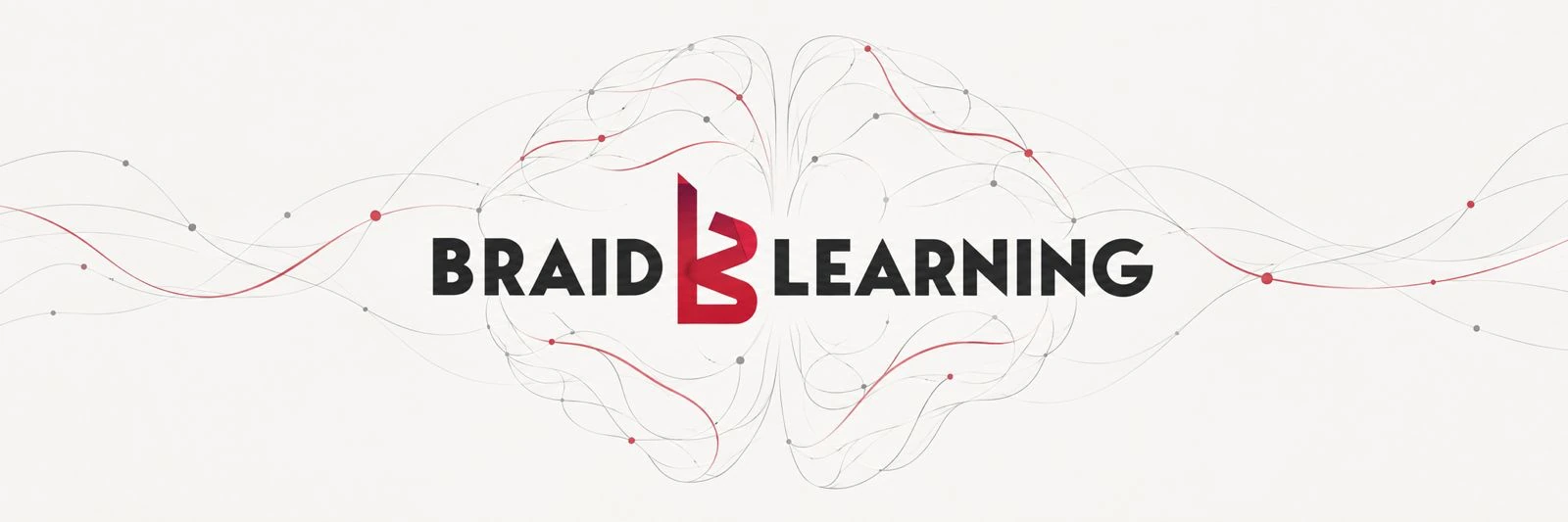 Logotipo do Braid Learning no centro de um cérebro desenhado em linhas finas cinza, com pontos e fios vermelhos
