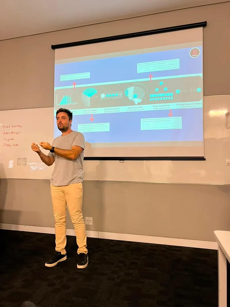 Minoru Raphael de camiseta cinza, em pé, explicando o Braid Learning diante de um slide numa sala de treinamento