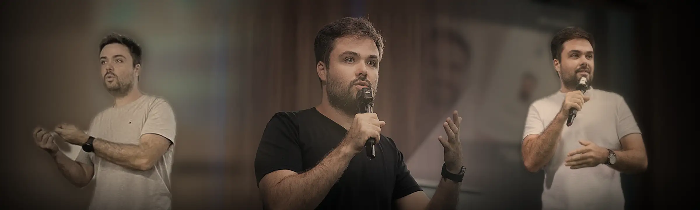 Palestra corporativa de Minoru Raphael: três fotos dele palestrando com microfone, de camiseta cinza, de camiseta preta e de camiseta clara, em palcos diferentes Palestra corporativa de Minoru Raphael: três fotos dele palestrando com microfone, de camiseta cinza, de camiseta preta e de camiseta clara, em palcos diferentes
